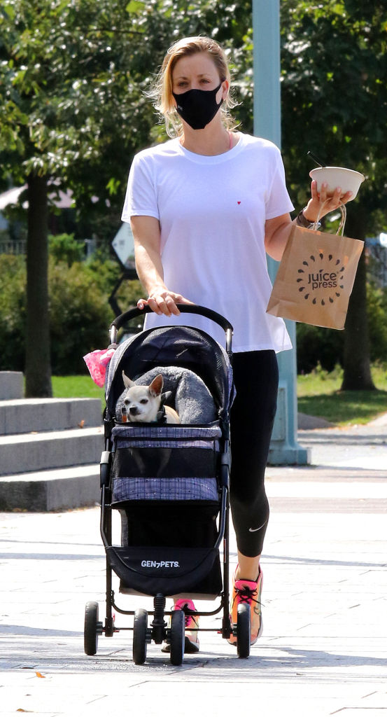 Kaley Cuoco met hond Dumpy in kinderwagen